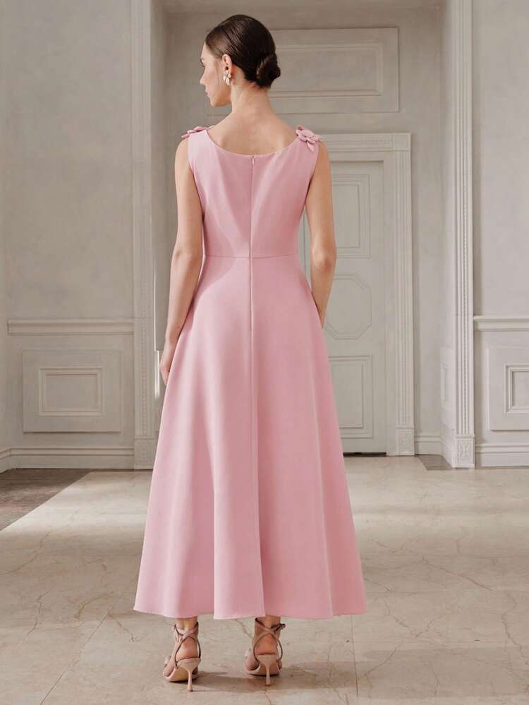 Women's New Elegant Pink Princess Dress, Sleeveless Round Neck 3D Floral Decor, Elegant Sun Skirt Waist Slimming Long Dress, Suitable For Party, Gathering, Date