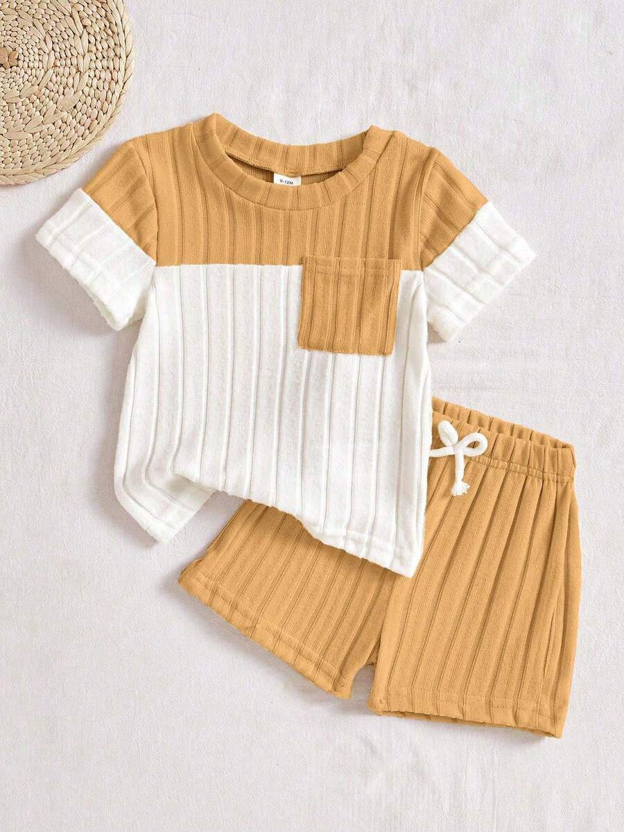 SHEIN Vintaside Kids 2 piezas Conjunto de top de contraste de color acanalado y pantalones azules para bebé/niño, conjunto informal cómodo y versátil adecuado para todas las ocasiones en verano - Multicolor - Ver 1