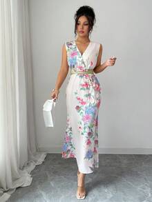 SHEIN Elenzya Standard Size Women's Vacation Printed Tie-Up Elegant Long Dress - Apricot - View 5