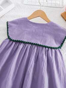 SHEIN Tween Girls/Tween Girl Girls Pastoral Floral Embroidered Pattern Ruffle Collar Puff Sleeve Dress,Versatile Round Neck Trim Contrast Color - Purple - View 11