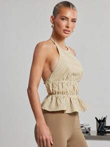 Hauture Striped Open-Back Halter Peplum Top - Light Yellow - View 1
