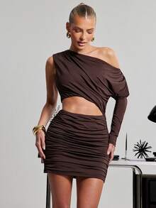 Hauture Women's Asymmetrical Off Shoulder Ruched Mini Dress - Brown - View 1