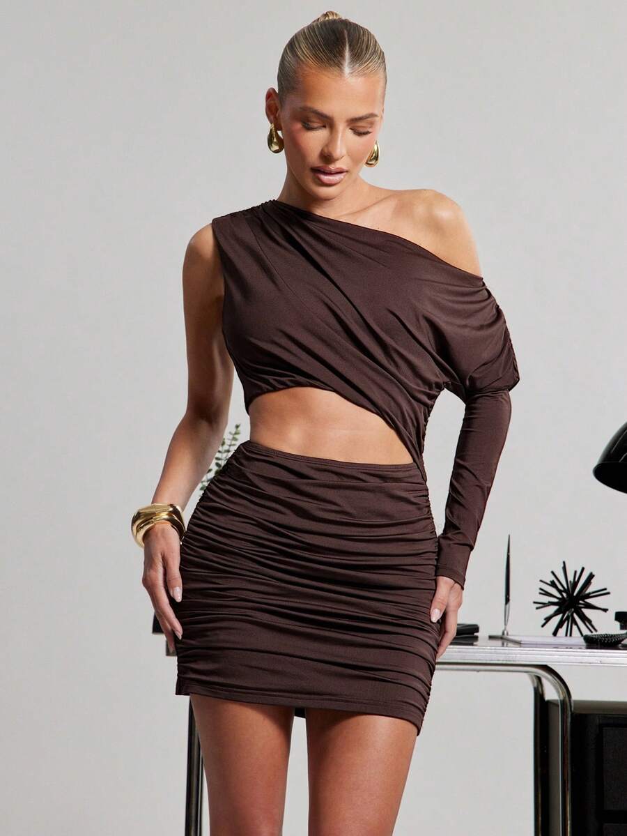 Hauture Women's Asymmetrical Off Shoulder Ruched Mini Dress - Brown - View 1