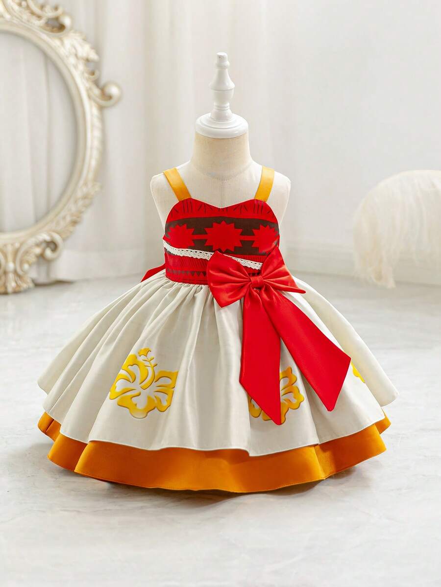 Glamorique Kids 女婴度假风连衣裙，吊带印花大蝴蝶结撞色优雅派对连衣裙 - 彩色 - 查看 1