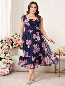 Reflora 大码女士优雅印花连衣裙，夏季婚礼宾客礼服 - 彩色 - 查看 8