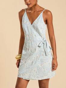 Travachic 2026新款女士条纹刺绣系腰吊带裙 - 藍白色 - 查看 4