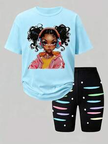 SHEIN ChillGRL Teen Girls 2pcs/Set Round Neck Fashionable Street Style Printed Short Sleeve T-Shirt And Tight Shorts, Summer, Outfit - Blue - View 4
