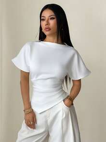 SHEIN PETITE Áo thun nữ cổ tròn xếp ly thanh lịch, phù hợp cho mọi mùa. - trắng - Xem 7
