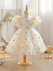 Glamorique Kids 女童彩色刺绣花卉连衣裙，短花瓣袖，优雅公主裙，儿童派对礼服，适合度假、婚礼、派对、宴会等场合，后背饰有蝴蝶结。 - 杏色 - 查看 4