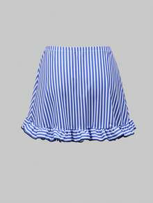 Swim Oasis Women's Vacation Ruffled One-Piece Swimsuit With Matching Cover-Up Skirt - Blue and White - View 8