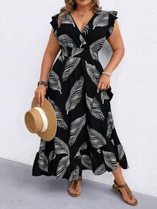 Linhara CURVE 大码女式春夏波西米亚风度假树叶印花露背吊带沙滩裙 - 黑色 - 查看 5