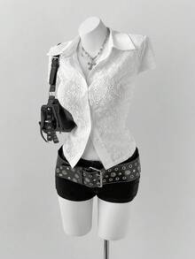 Sunspun Camisa de manga corta de ajuste ceñido con parches de unicolor, jacquard y calado para tallas grandes - Blanco - Ver 7