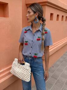 Flora Isola Flora Isola Women's Fashion Resort Style Cherry Print Decor Front Button Short Sleeve Shirt - Multicolor - View 3