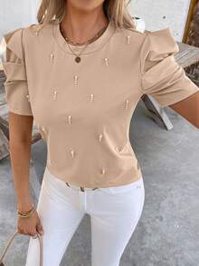 SHEIN Clasi Áo thun ngắn tay nữ thanh lịch đính ngọc trai, thích hợp cho mùa hè. - Màu Khaki - Xem 3