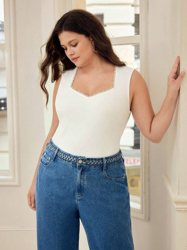 PLUS SIZE FAUX PEARLS DECOR TANK TOP, SPRING/SUMMER
