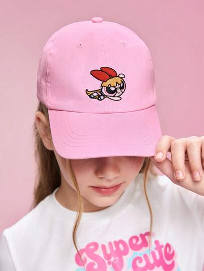 THE POWERPUFF GIRLS X SHEIN 升级版可爱卡通花朵粉色防晒棒球帽，适合儿童、女孩，透气、柔软、舒适，适合旅行和户外活动