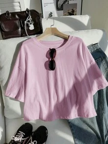 SHEIN Comfortcana Plus Size Casual Drop Shoulder Short T-Shirt, Solid Color - Mauve Purple - View 5