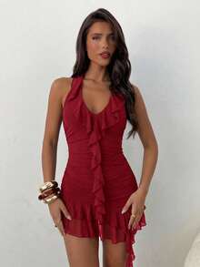 Vestido mini con cuello halter y volantes de unicolor para mujer - Burdeos - Ver 6