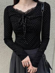 Dazy Tall Tall Women's Casual Polka Dot & Lace Patchwork Long Sleeve T-Shirt - Black and White - View 5