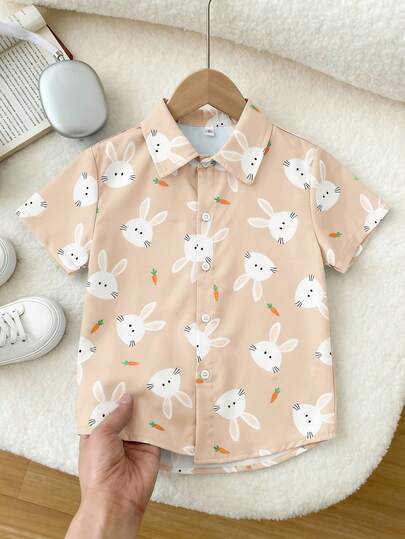 SHEIN 1pc Young Boys' Casual Comfortable Vintage Rabbit Print Soft Short Sleeve Shirt, Versatile For Daily Wear, School, Outings, Suitable For Spring/Summer, Easter