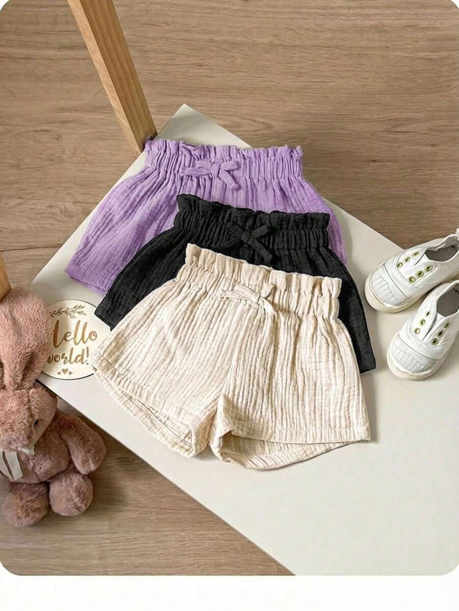 Conjunto de 3 peças para bebê menina, shorts casuais de verão em cor sólida com cintura elástica. - Multicolorido - Ver 1