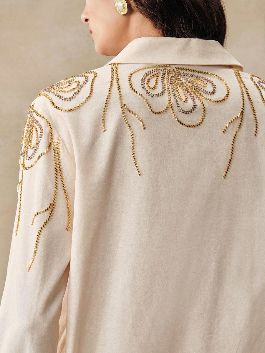 Anewsta 女士新款时尚重工刺绣珍珠亚麻衬衫 - 杏色 - 查看 1