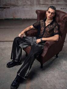 Skyrend 1 件男士美式复古嘻哈牛仔裤，高街个性化水洗阔腿休闲宽松街头风裤子，垃圾摇滚 - 黑色 - 查看 4