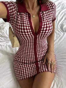 Joudiya Đầm dệt kim tay ngắn kẻ caro dáng suông dành cho nữ. - Đỏ - Xem 1