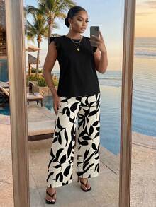 SHEIN Lady CURVE Bộ 2 món áo trơn màu thường ngày cỡ lớn và quần in hoa - Nhiều màu - Xem 5