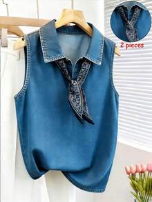 Resyla Áo tank top không tay in họa tiết denim dành cho nữ, kiểu dáng tối giản thường ngày. - Nhiều màu - Xem 1