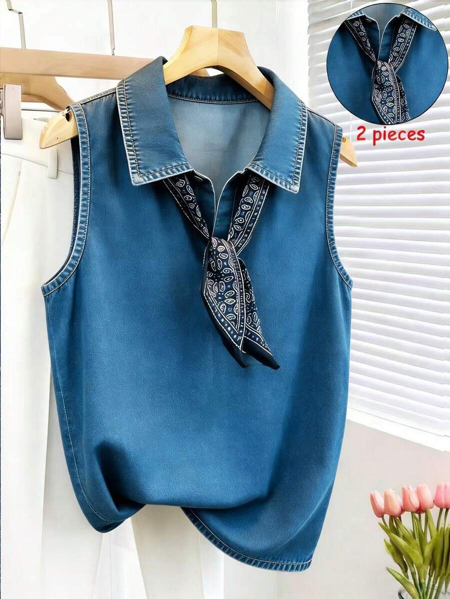 Resyla Áo tank top không tay in họa tiết denim dành cho nữ, kiểu dáng tối giản thường ngày. - Nhiều màu - Xem 1