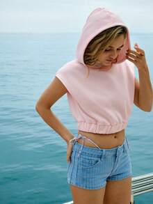 WESTFADE 拼接爱心宽松无袖连帽衫 - 粉色 - 查看 6