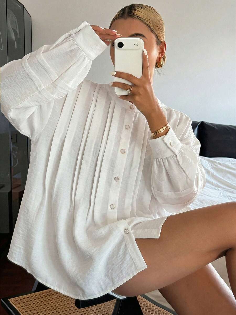 DAZY Women's Loose Fit Pleated Round Neck Yellow Blouse - White - View 1