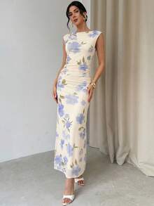 Firerie 女士优雅休闲浪漫假日约会沙滩长裙，黄粉色网纱印花船领荷叶边无袖露背修身连衣裙，适合下午茶、户外派对、休闲度假等场合。 - 彩色 - 查看 6