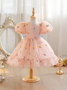 Glamorique Kids Vestido Floral Bordado Colorido para Meninas, Manga Curta com Pétalas, Vestido de Princesa Elegante, Roupa de Festa Infantil Adequada para Férias, Casamento, Festa, Decorado com Laço nas Costas - Rosa chiclete - Visão 2