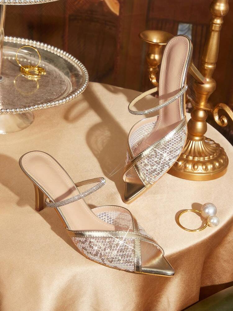 CUCCOO TILAWA Women's Fashion, Women's High-Heeled Sandals, Gold, Rhinestones, Mesh Embroidered Bead Material, Pointed, Commuting, Comfort, Indoor, Office, Street, Party, Travel, Vacation, Spring And Summer, Suitable For Dresses, Jeans, Shorts, Stiletto Slippers