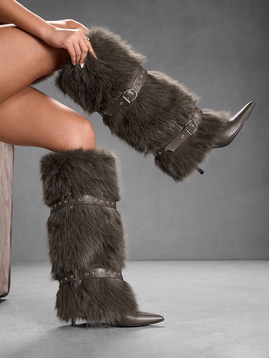 CUCCOO SZL Damknähöga stövlar med spetsiga tå och smala klackar, moderna för höst/vinter - Kaffebrun - Visa 1