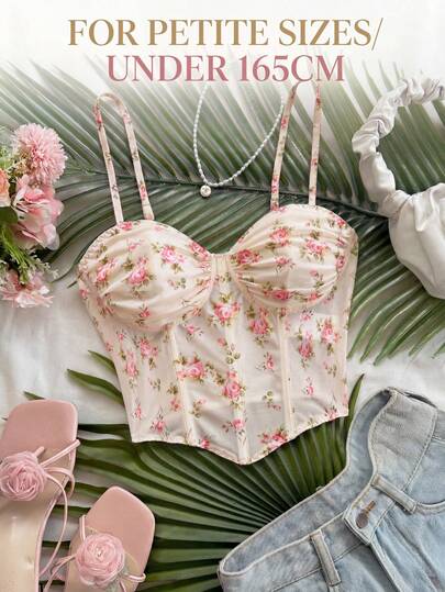 SHEIN PETITE CURVE Plus Size Women's Romantic Vintage Floral Mesh Camisole, Suitable For Holidays, Dates, Afternoon Tea, Vacations, Music Festivals, Boho Style, Spring/Summer Wear
