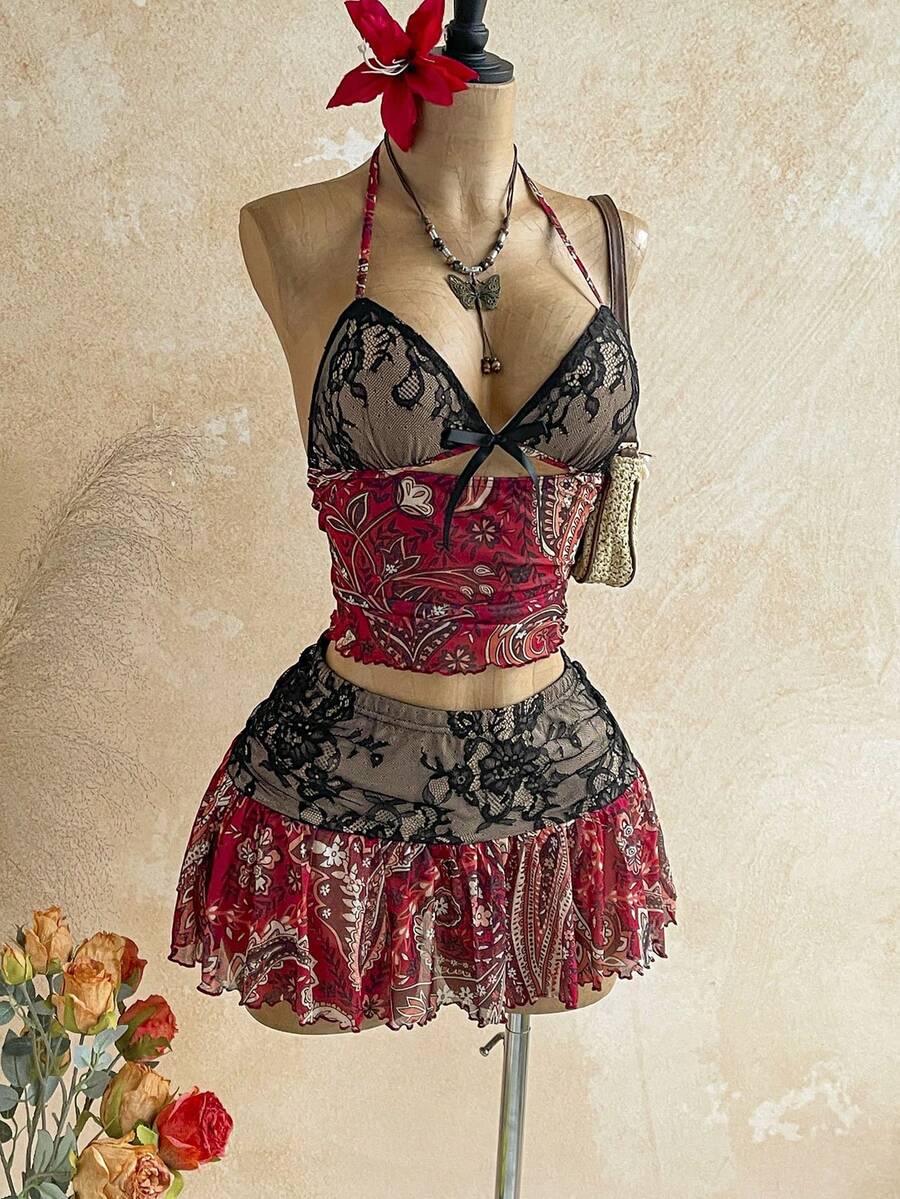 Soleia Conjunto de top halter y falda con bloqueo de color, encaje y estampado de paisley para vacaciones en la playa de mujer - Multicolor - Ver 1