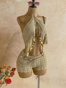 Soleia Bộ đồ 2 món dành cho nữ, áo len cổ yếm đính sequin và tua rua viền, gồm áo và quần short len, thích hợp cho kỳ nghỉ. - Màu be - Xem 3