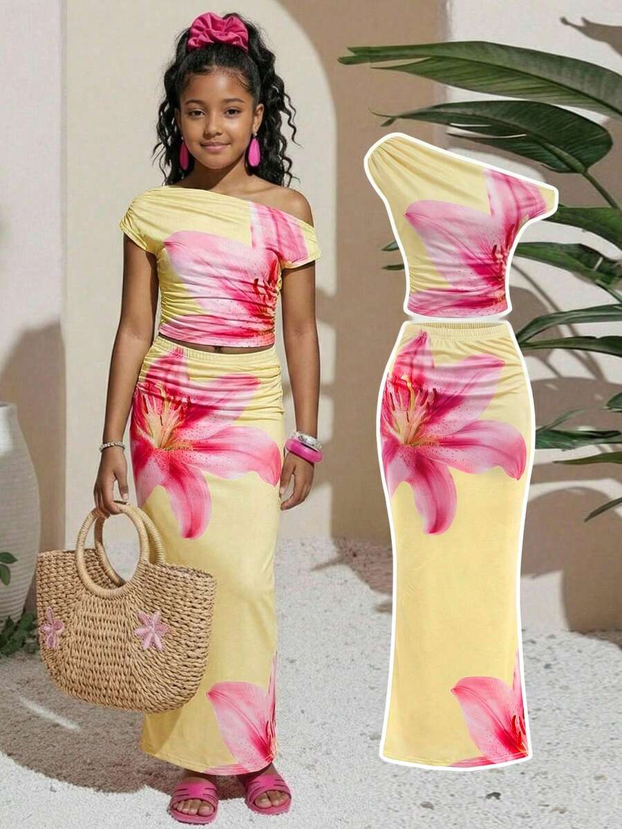Tween Girl Floral Print Asymmetric Ruched Fitted Two Pieces Set, Casual Summer/Vacation Outfit, Two Piece Outfit, Skirt And Top Set, 2 Piece Summer Sets, Kids Girl Set, Floral Print Set - Mustard Yellow - View 1