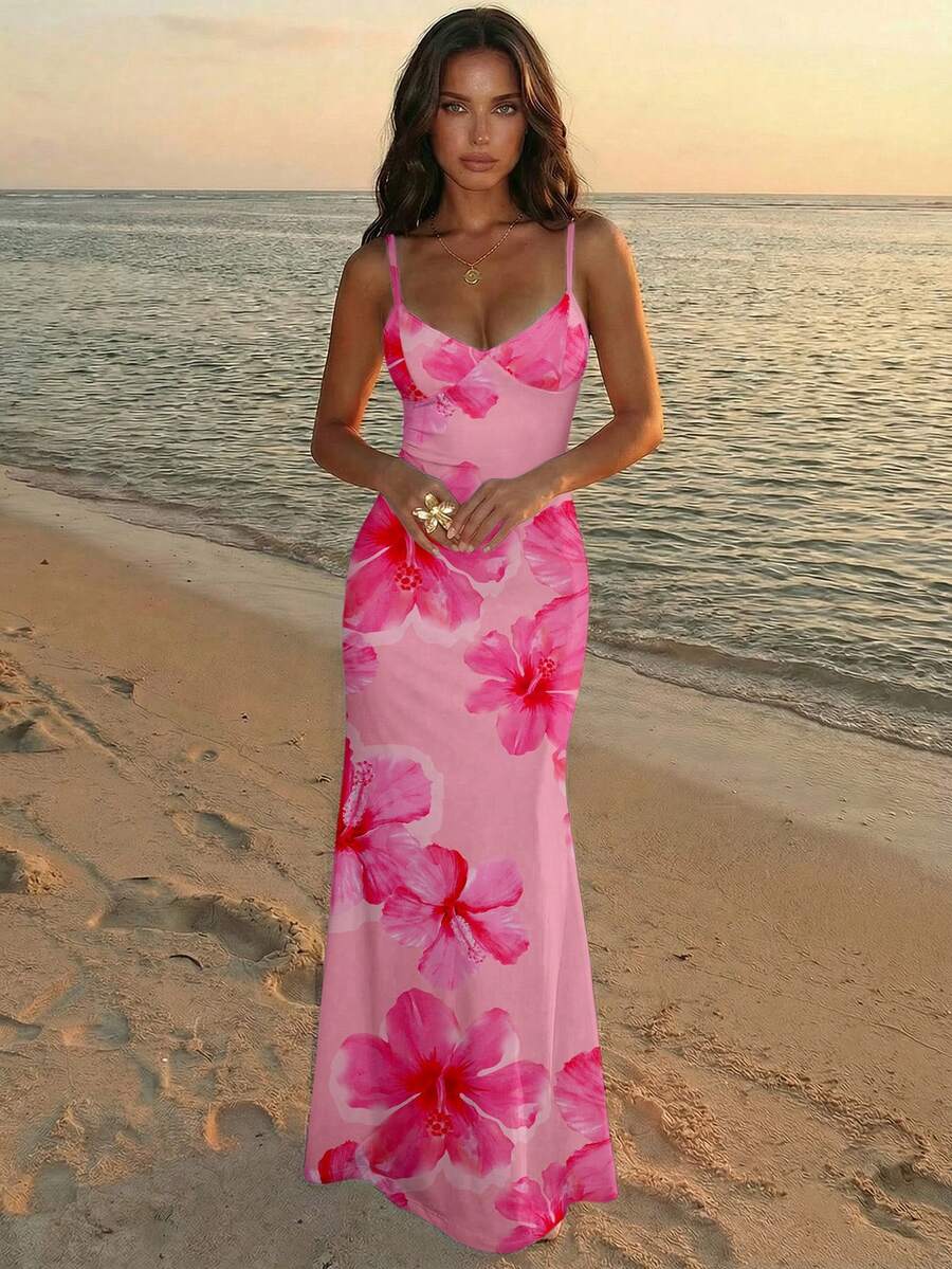 Aloruh Vacation Spaghetti Strap Tie-Up Bodycon Printed Dress For Women, Spring/Summer,Pink Dress - Pink - View 1