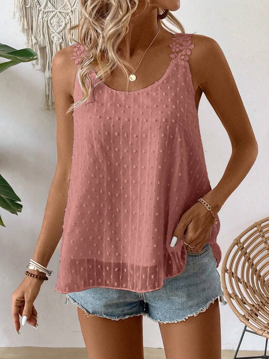 EMERY ROSE Women's Summer Casual Swiss Polka Dot Patchwork Lace Strap Camisole - Dusty Pink - View 1