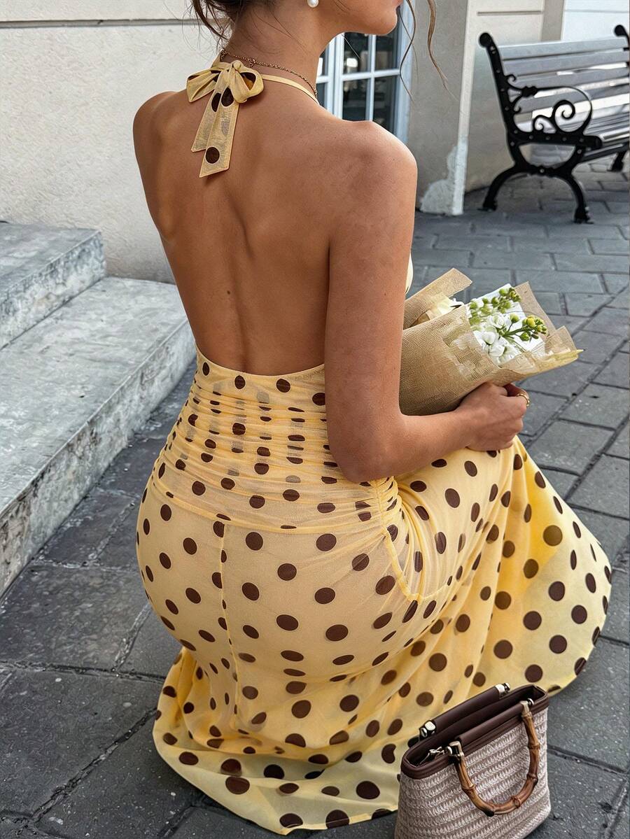 Lumalex Đầm chấm bi bằng vải lưới mềm mại, thoải mái, cổ xếp ly, eo nhún bèo và chân váy rộng cho nữ.