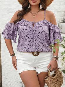 SHEIN VCAY Camiseta romántica con volantes y hombros descubiertos, estilo casual para vacaciones, picnic o fiesta. Talla grande. - Púrpura polvoriento - Ver 6