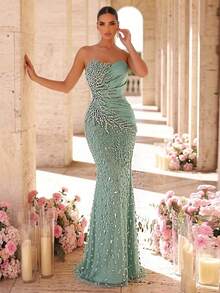 Glamrae Đầm dạ hội sang trọng, thanh lịch, đính cườm, sequin và thêu hoa, chất liệu vải dệt kim co giãn, kiểu dáng đuôi cá gợi cảm, thích hợp cho đám cưới, tiệc tùng, dạ hội và các sự kiện trang trọng. - Màu xanh Bạc hà - Xem 5