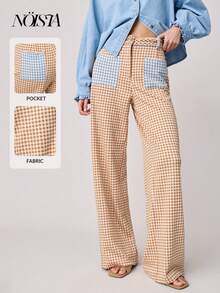 Nöista Gingham Medium-Waisted Pants With Contrasting Blue Checkered Pockets And Waist And Wide Leg. Spring, Summer, Pants. - Khaki - View 4