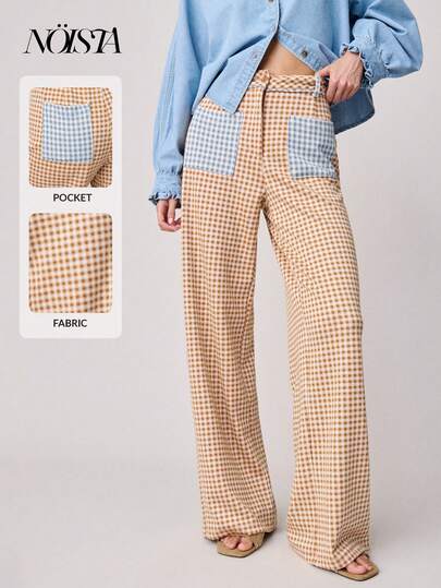 Nöista Pantalones de cintura media a cuadros con bolsillos y cintura a cuadros azules contrastantes y pierna ancha. Primavera, verano, pantalones.
