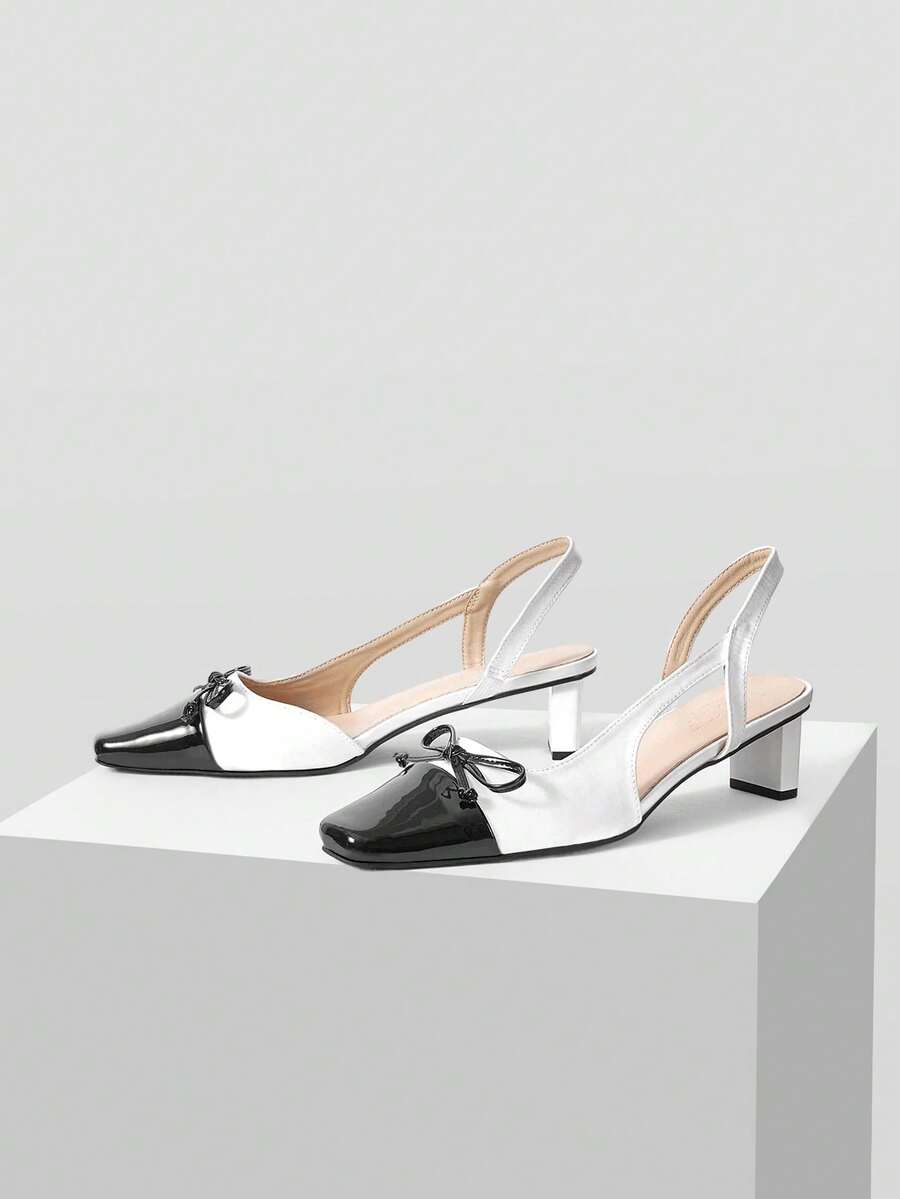 MOTF PREMIUM WOMEN'S COMFORTABLE COLORBLOCK BOW DECOR PUMPS - Black and White - View 2