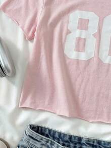 Áo thun nữ tuổi teen phong cách đường phố thường ngày, kiểu vintage, in số, vai lệch, tay raglan, dáng rộng, chất liệu mềm mại, màu trơn, màu xanh navy. - Nhiều màu - Xem 4